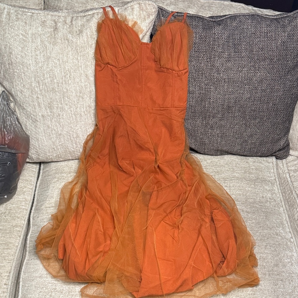 Elegant Rust Orange sheer tulle midi Dress fits like a S/M